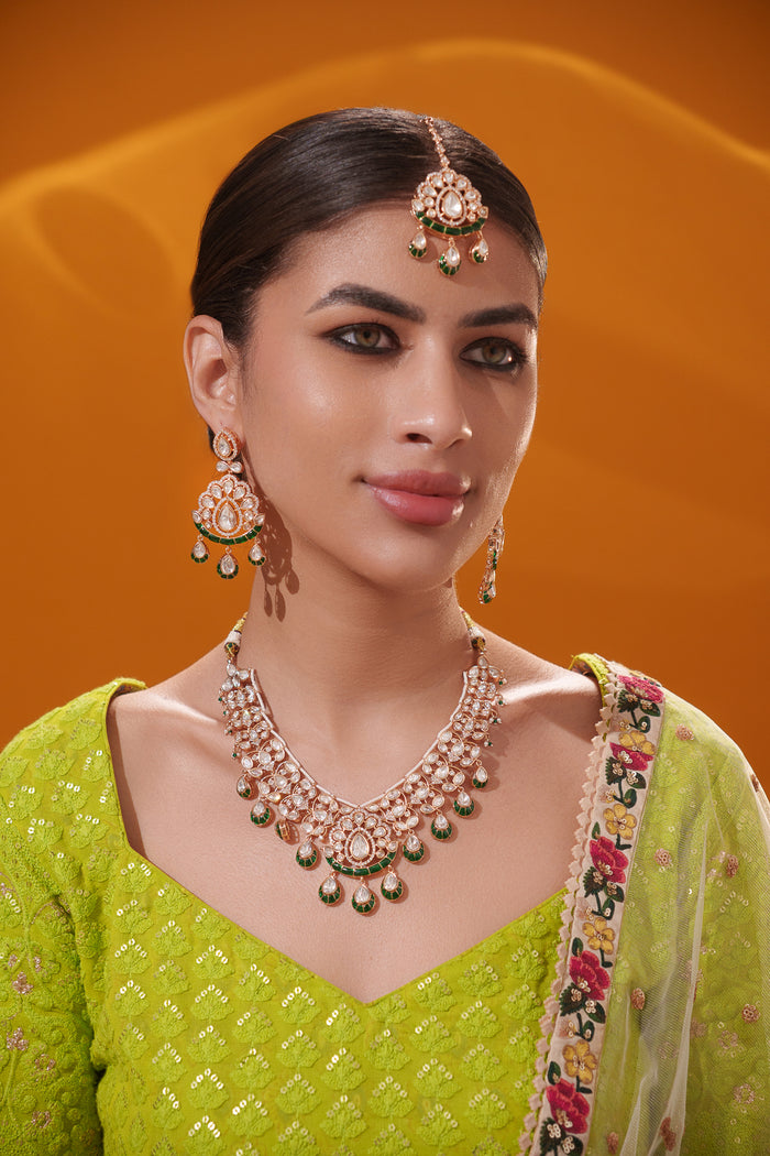 Pratyara Green Meenakari Kundan Necklace Set - Zevar by Geeta