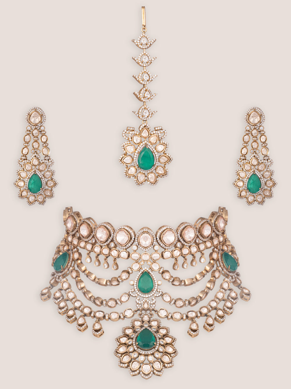 Gulabsha Green Two Tone Finish Polki Bridal Set - Zevar by Geeta - alternate view