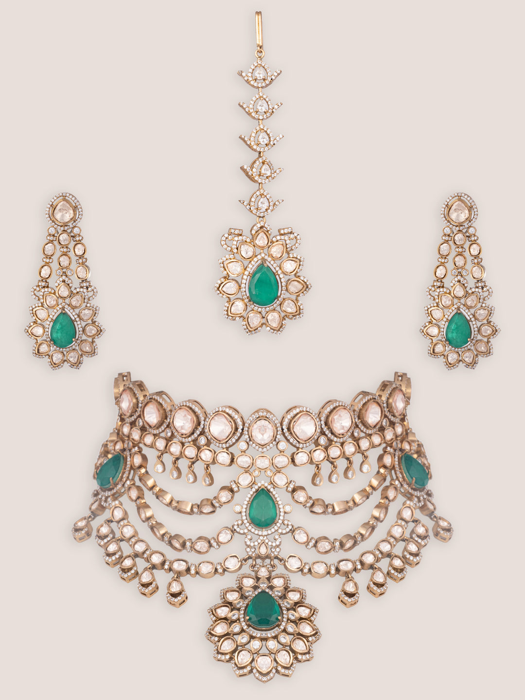 Gulabsha Green Two Tone Finish Polki Bridal Set - Zevar by Geeta