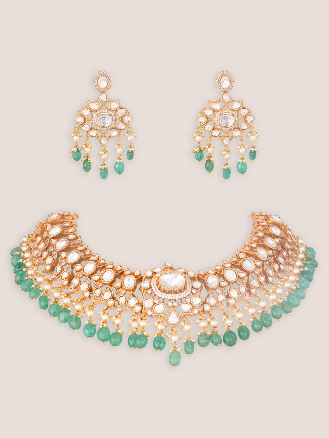 Vasura Green Gold Finish Moissanite Necklace Set