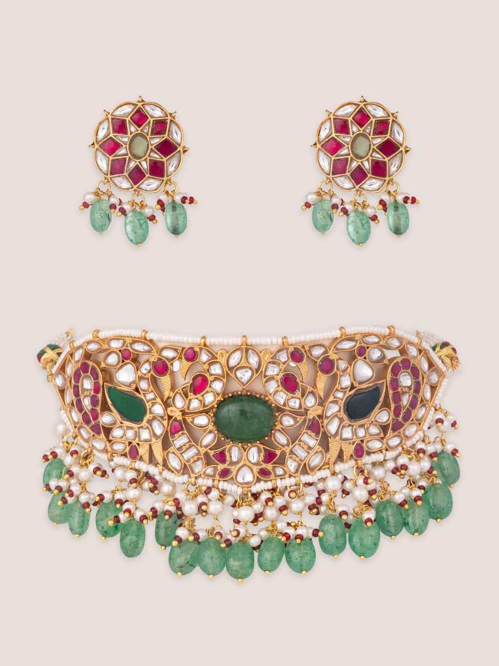 Sumeera Pink Green Pearls Kundan Choker - alternate view