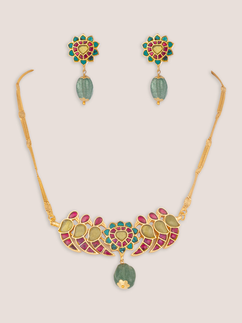 Iravya Pink-Green Peacock Kundan Necklace Set - alternate view
