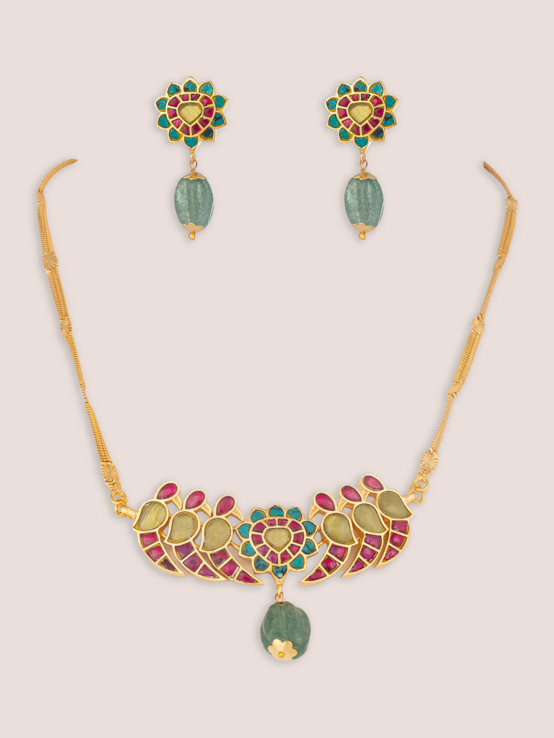 Iravya Pink-Green Peacock Kundan Necklace Set