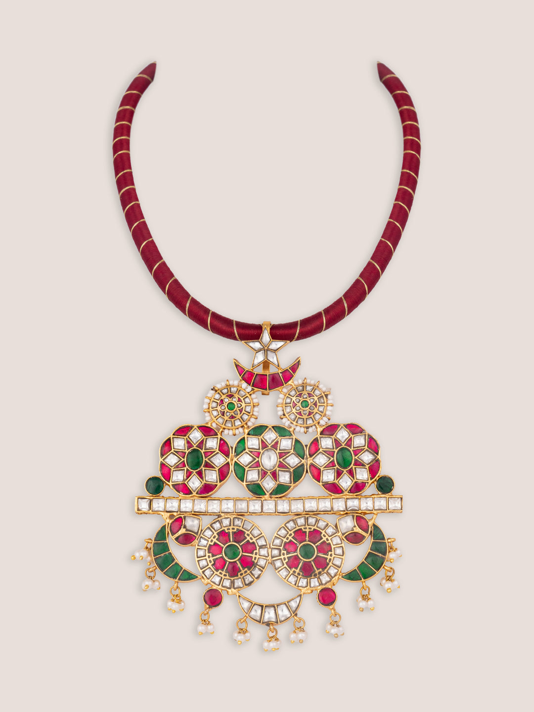 Avira Pink Green Kundan Necklace Set - Zevar by Geeta