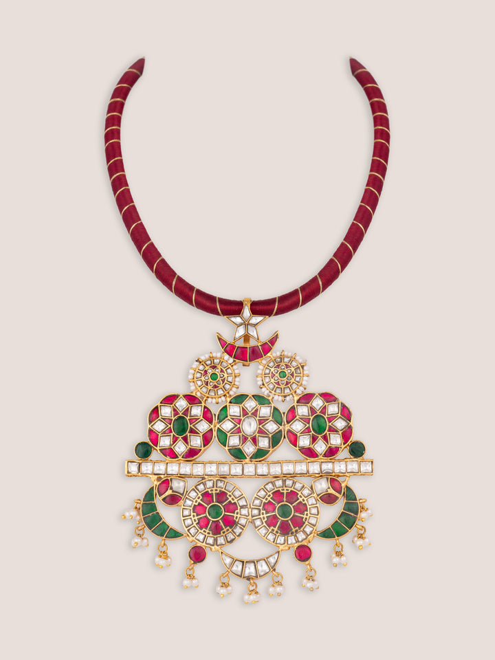 Avira Pink Green Kundan Necklace Set - Zevar by Geeta