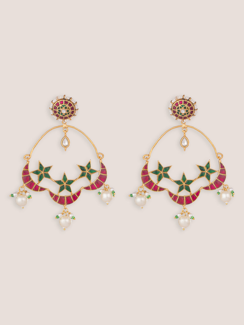 Sitara Pink Green Kundan Chandbalis - alternate view