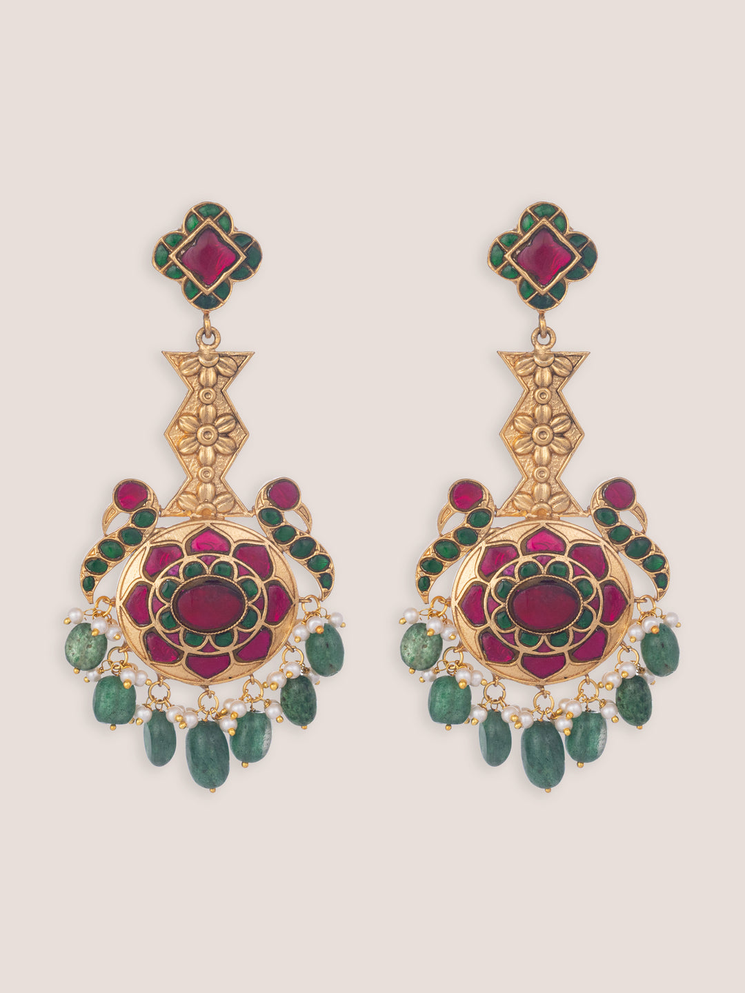 Aeris Pink Green Kundan Earrings - Zevar by Geeta