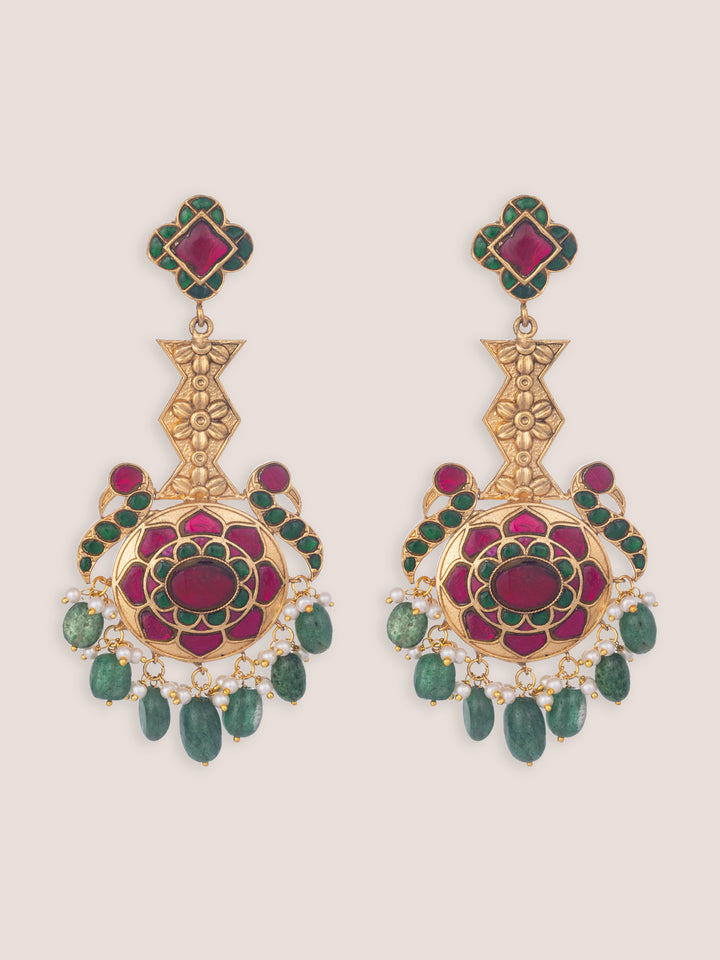 Aeris Pink Green Kundan Earrings - Zevar by Geeta