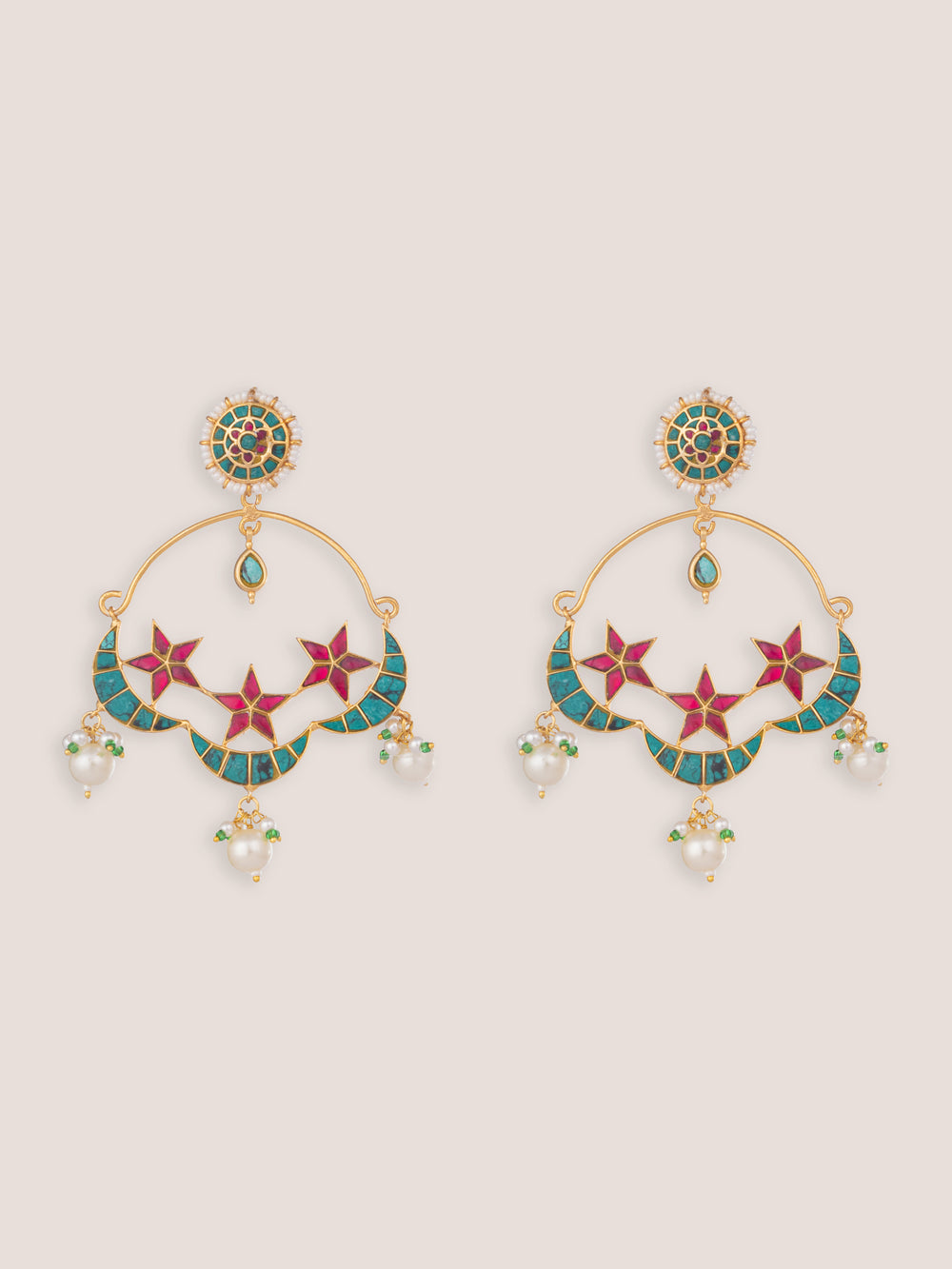 Sitara Blue Pink Kundan Chandbalis - alternate view