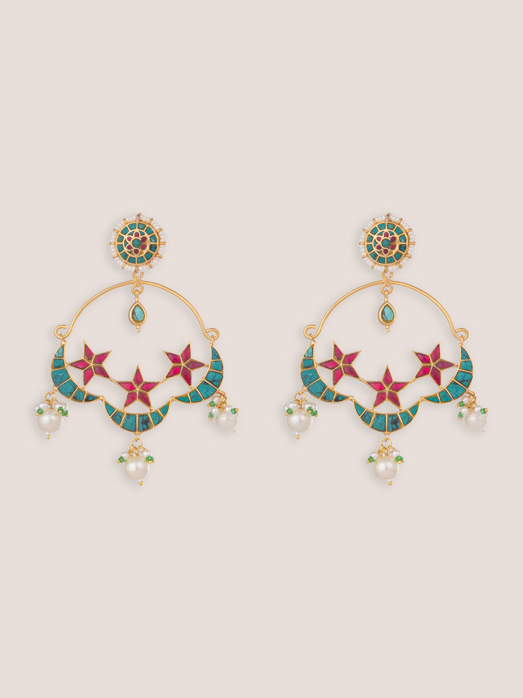 Sitara Blue Pink Kundan Chandbalis