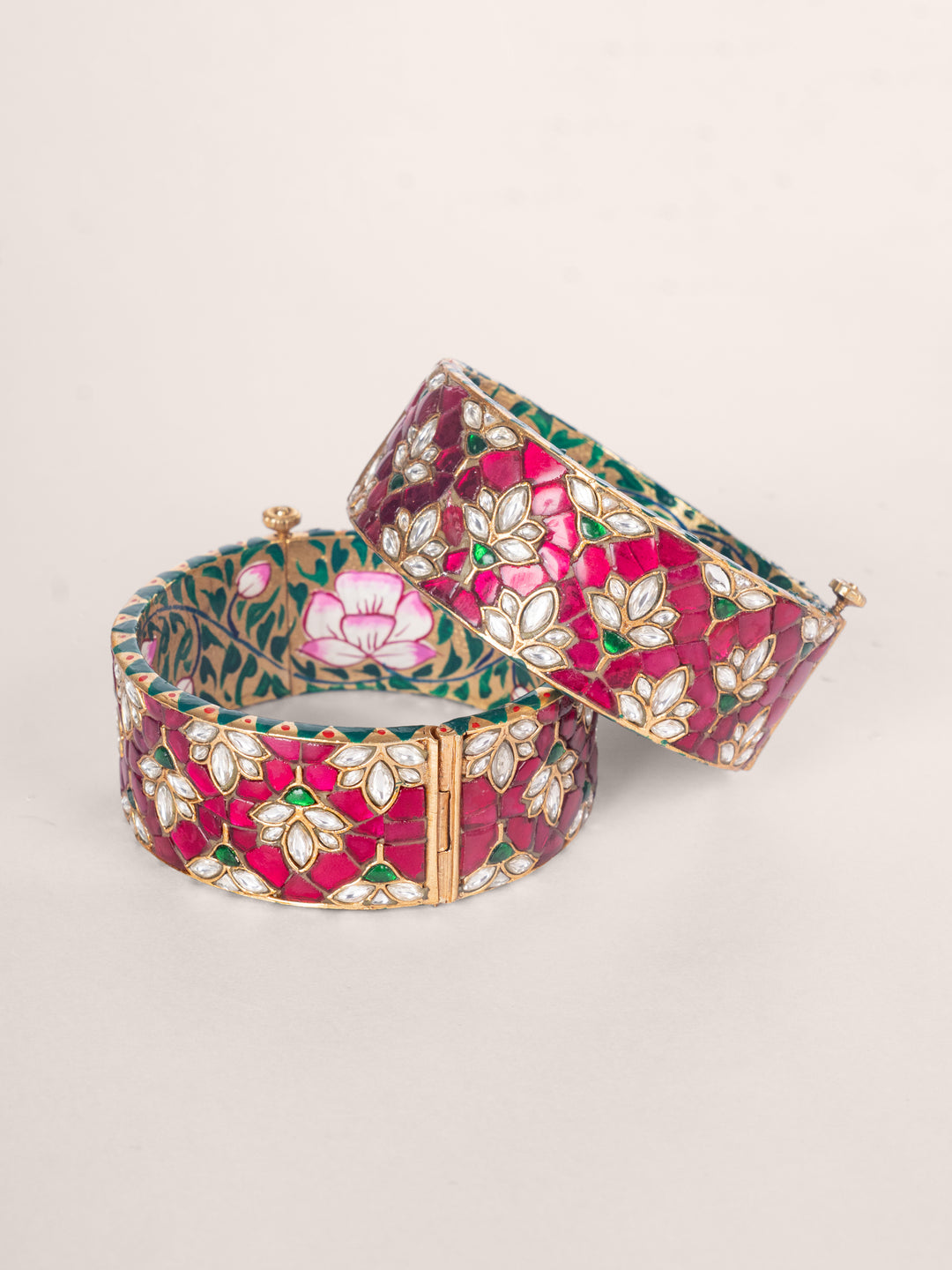 Evara Pink Green Kundan Meenakari Kadas - Zevar by Geeta