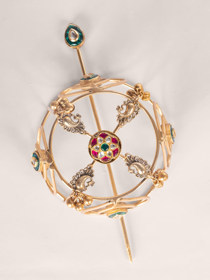 Kritya Pink Green Kundan Hair Bun Cage - Zevar by Geeta