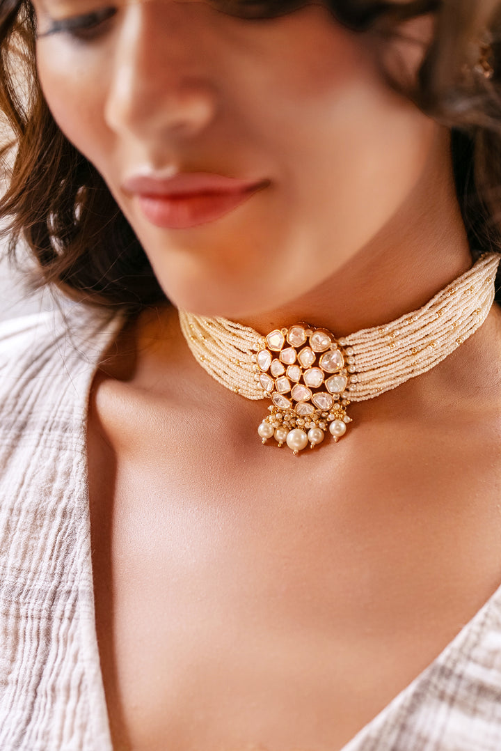 Vrishti White Pearl Kundan Choker - Zevar by Geeta