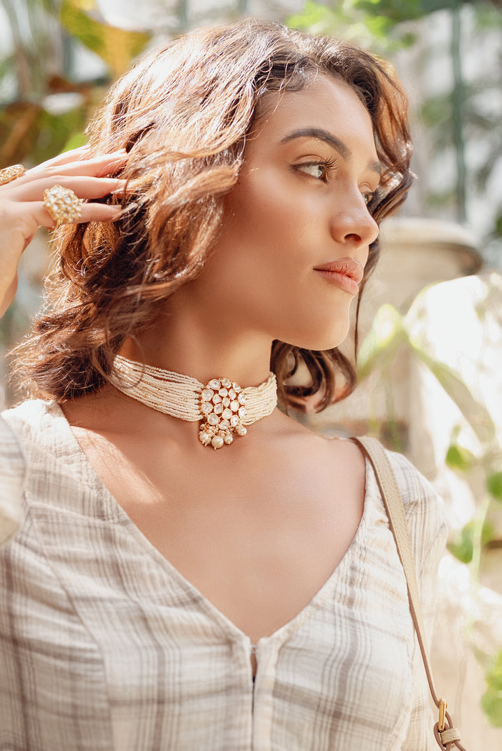 Vrishti White Pearl Kundan Choker - Zevar by Geeta