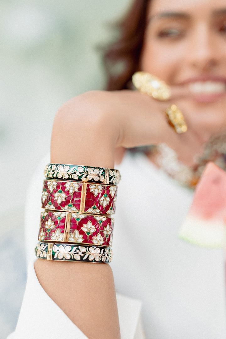 Evara Pink Green Kundan Meenakari Kadas - Zevar by Geeta