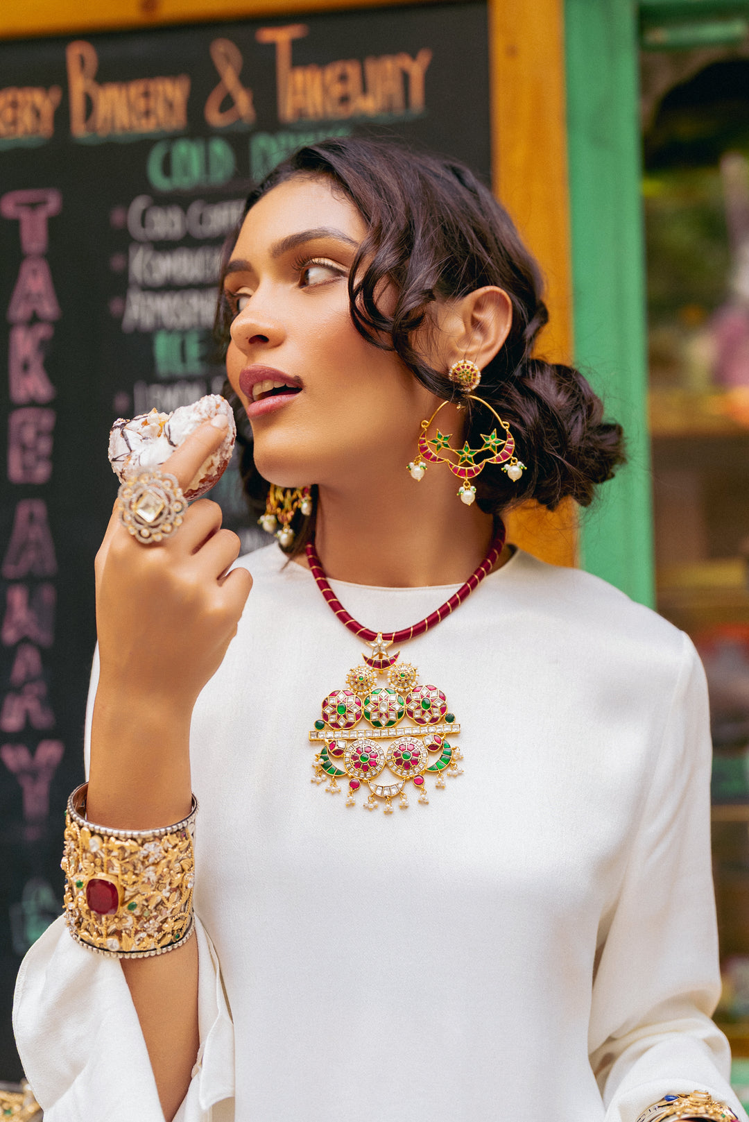 Avira Pink Green Kundan Necklace Set - Zevar by Geeta