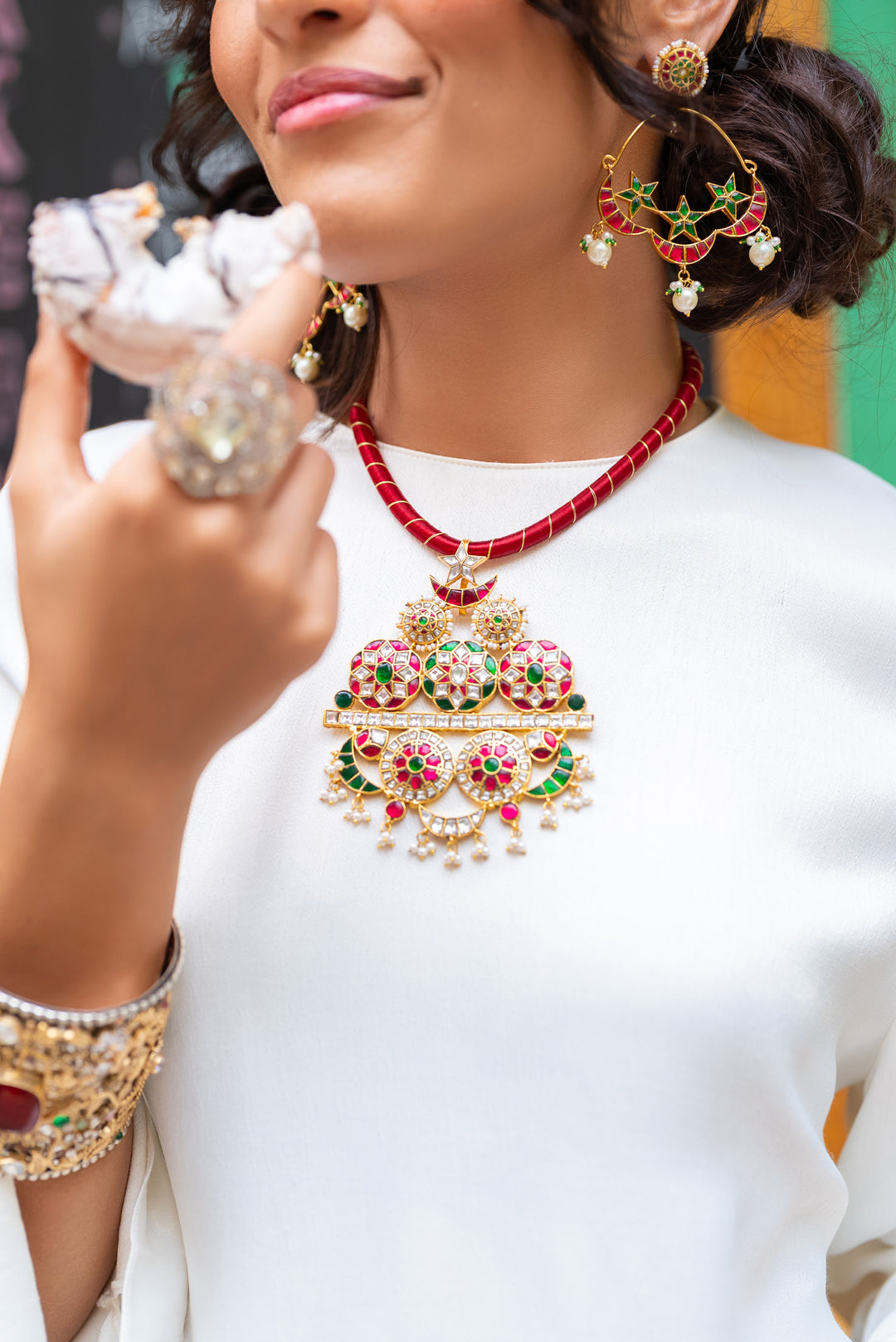 Avira Pink Green Kundan Necklace Set - Zevar by Geeta