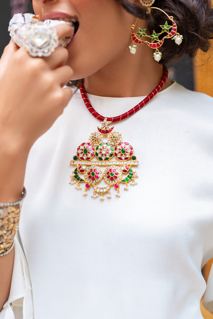 Avira Pink Green Kundan Necklace Set - Zevar by Geeta