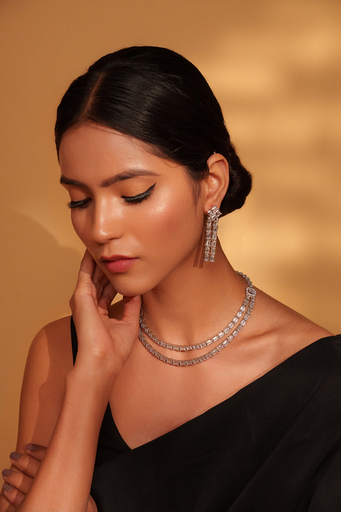 Vinia White Finish Diamond Necklace Set - Zevar by Geeta