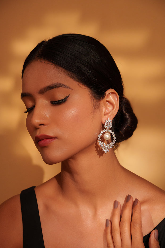 Kyasha Pearl White Finish Diamond Earrings - Zevar by Geeta