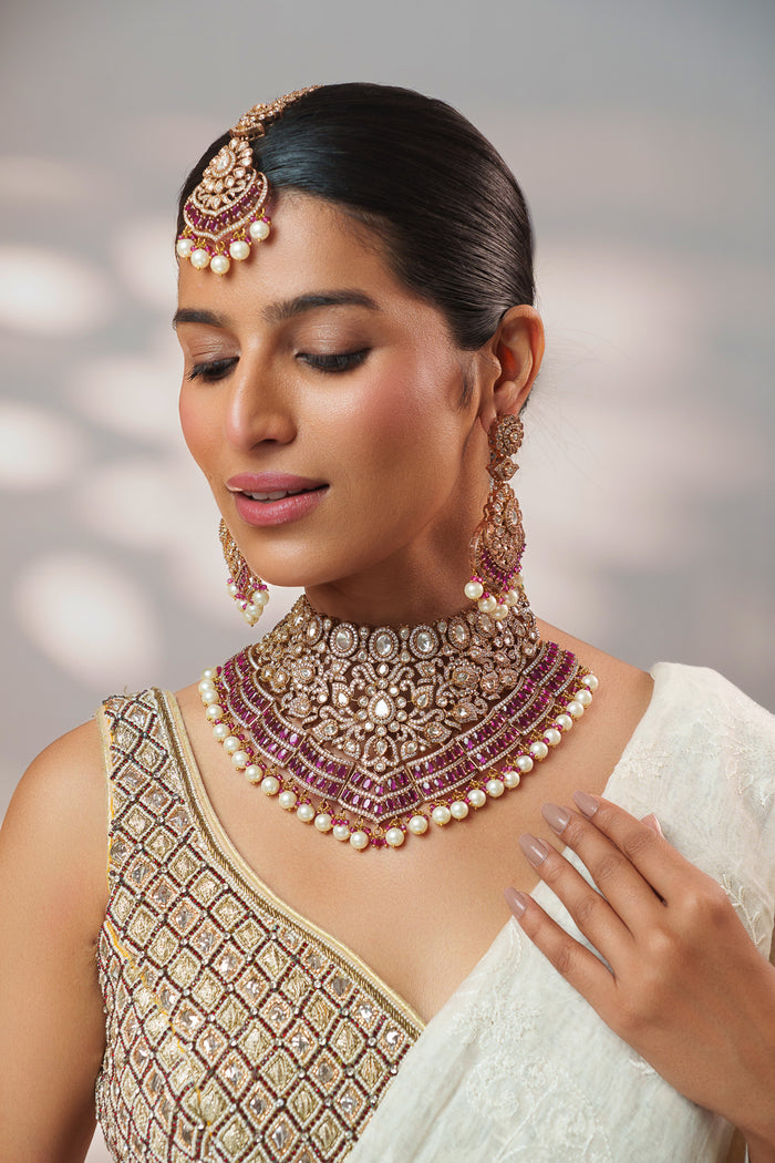 Faiza Two Tone Finish Red Polki Bridal Set - Zevar by Geeta