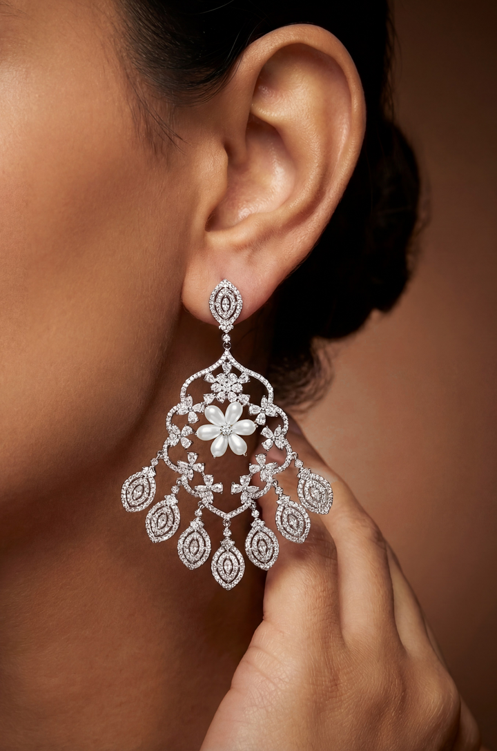 Eshanka White Finish Diamond Earrings - Zevar by Geeta