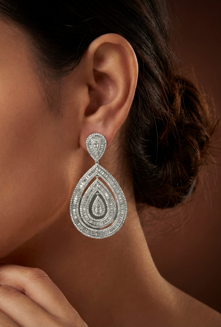 Esha White Finish Hoop Diamond Earrings - Zevar by Geeta