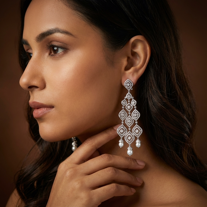 Elia White Finish Diamond Earrings - Zevar by Geeta