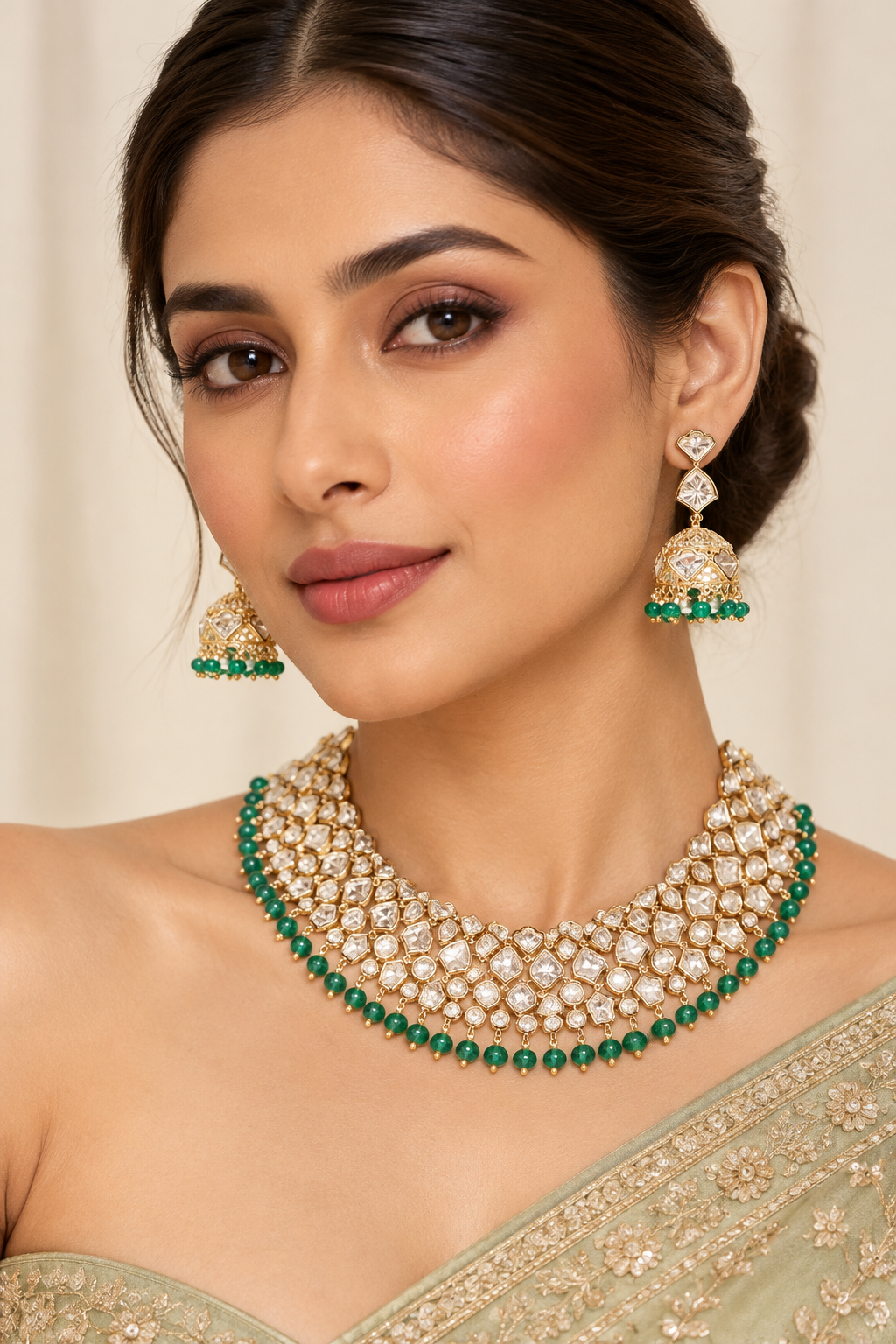 Lavira Green Pearls Gold Finish Kundan Necklace Set