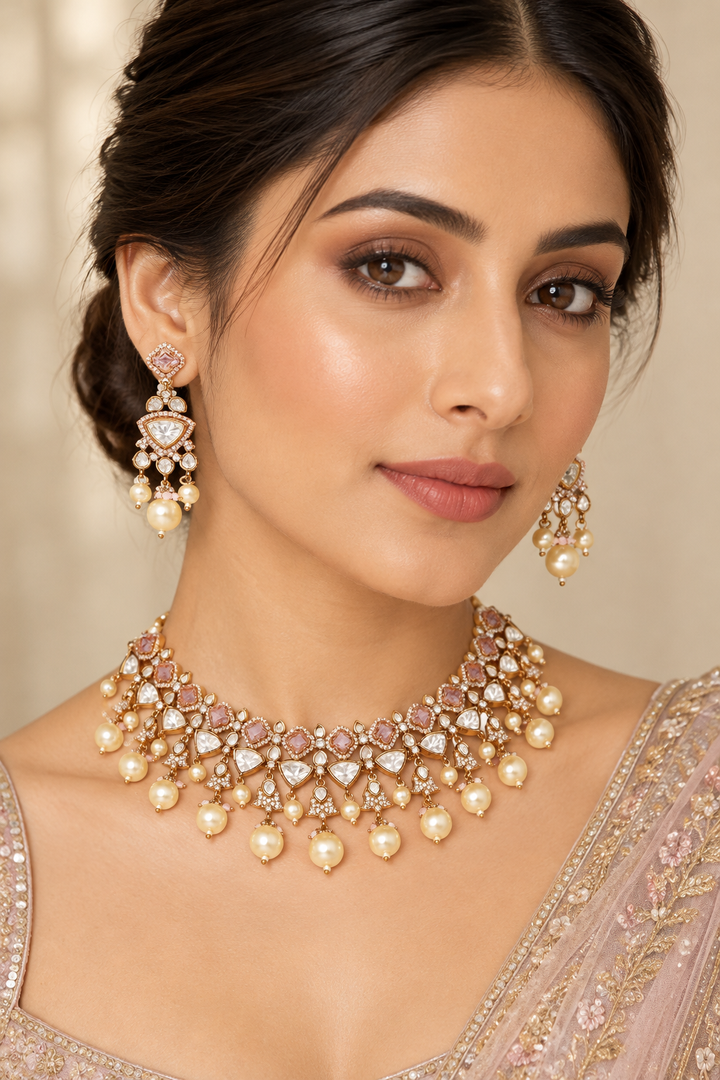 Reya Pink Two Tone Finish Polki Necklace Set