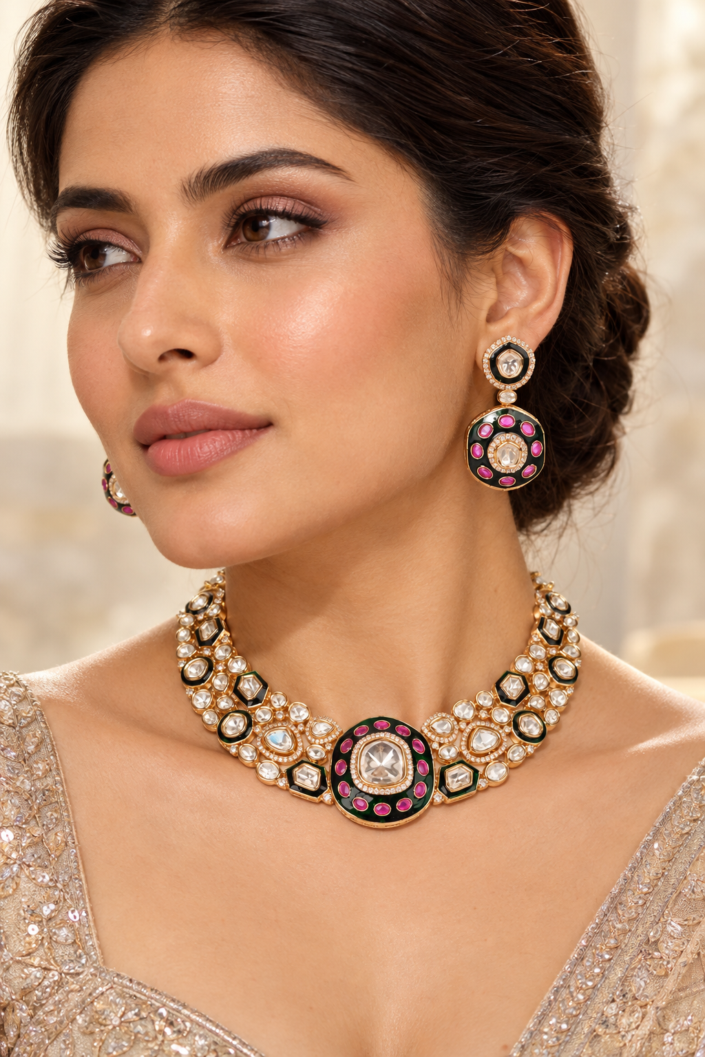 Aavira Gold Finish Kundan Necklace Set