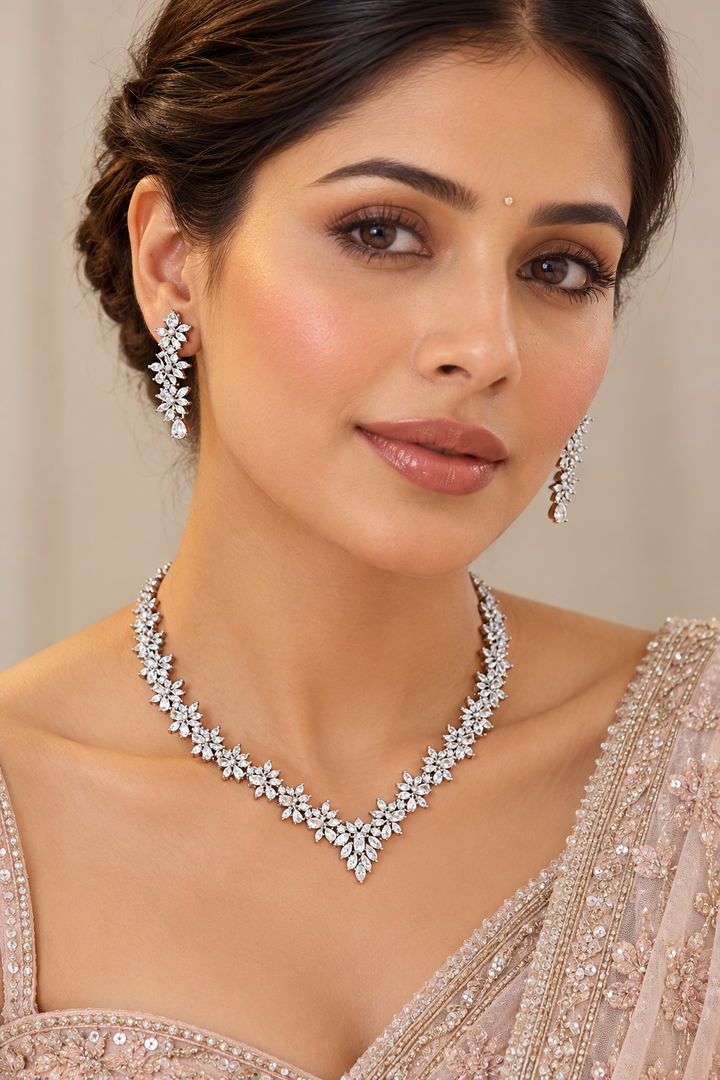 Aakshi White Finish Diamond Necklace Set