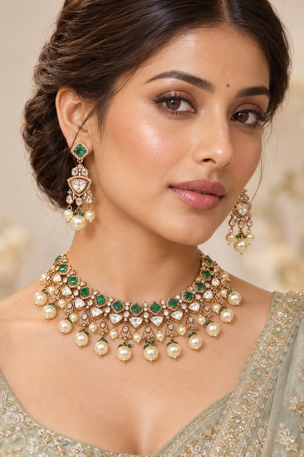 Reya Green Two Tone Finish Polki Necklace Set