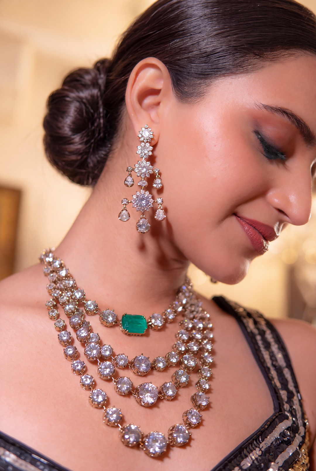 Mahi Emerald White Finish American Diamond Long Set