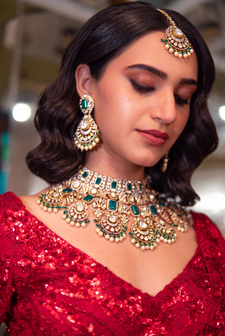 Ishani Two Tone Finish Green Polki Bridal Set