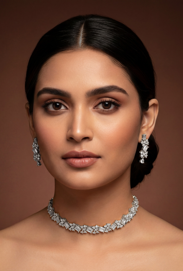 Edna White Finish Diamond Necklace Set - Zevar by Geeta
