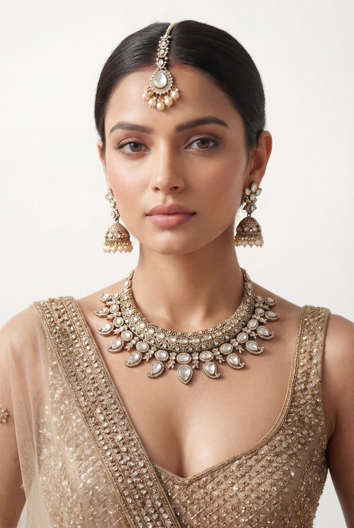 Nimrat Two Tone Finish Polki Necklace Set - Zevar by Geeta