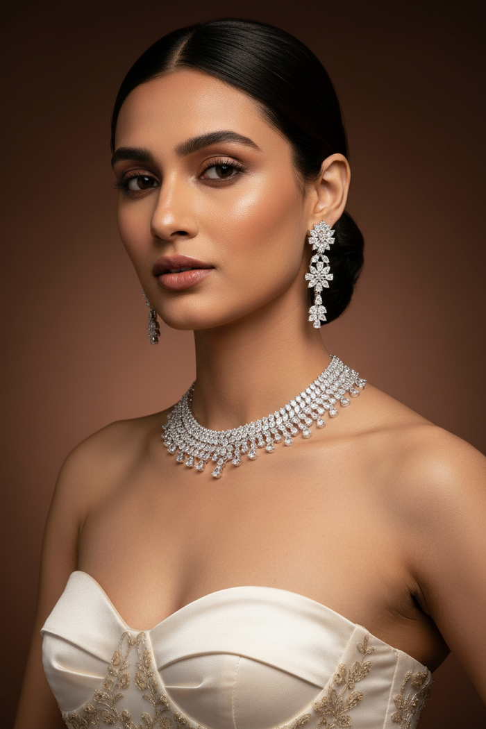 Eklaya White Finish Diamond Necklace Set - Zevar by Geeta