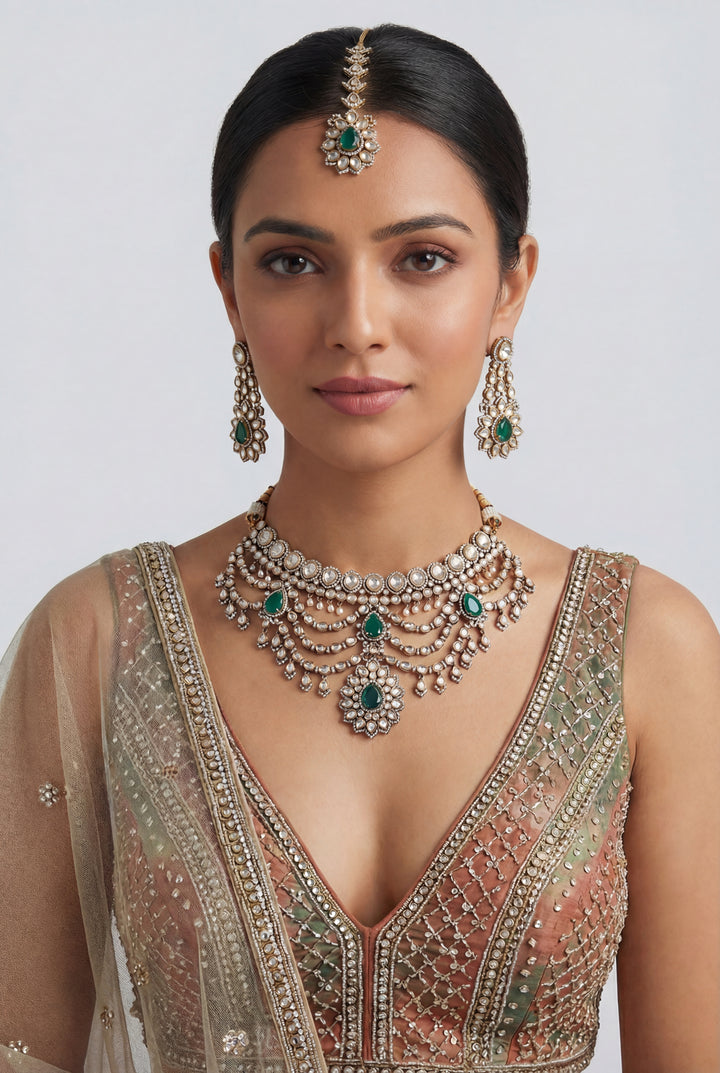 Gulabsha Green Two Tone Finish Polki Bridal Set - Zevar by Geeta